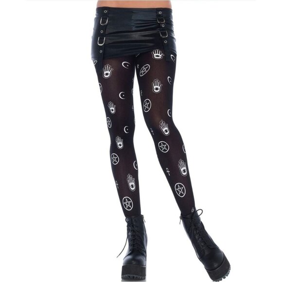 Black Sheer Gothic Stockings | Occult Mesh Pentagram Hamsa Ankhs Symbols OS NWT - Picture 2 of 3